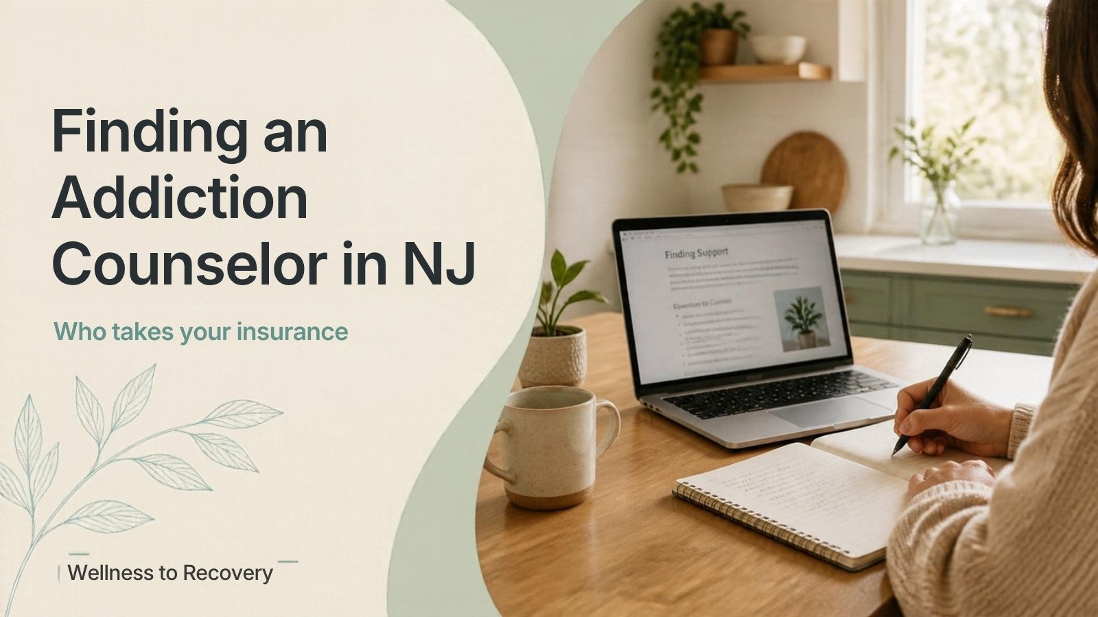 Person at a kitchen table researching counselors on a laptop and taking notes