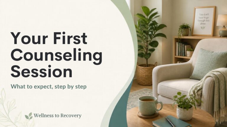 Calm counseling room with an armchair, plants and a cup of tea