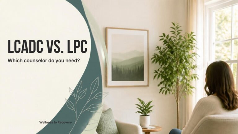Client seated in a bright, calm counseling room with plants